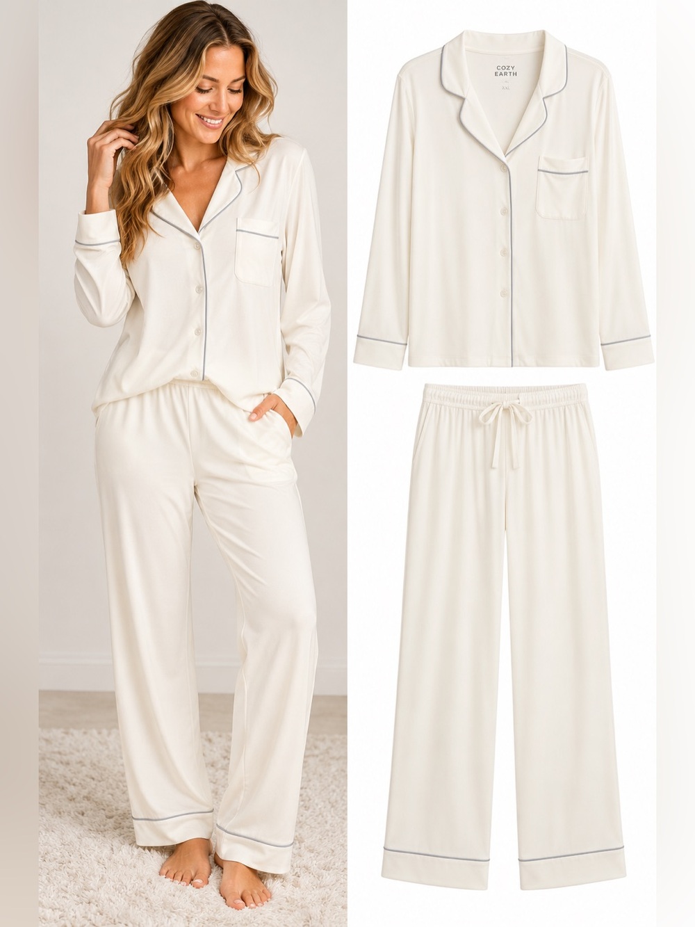 Cozy Earth Bamboo Stretch Knit Classic Pajama Set Ivory XXL NWT